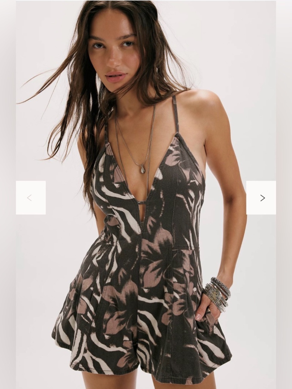 Free People Nostalgia Ultra Printed Shortalls Medium Safari Brown Combo NWT